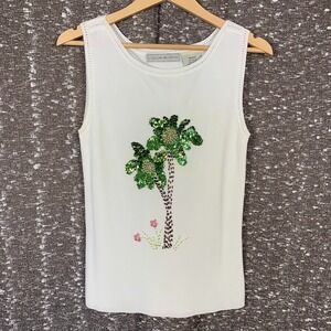 Vintage Lucia‎ Burns Beaded Sequin Palm Tree Tank Top Beach Tropical Women's M
